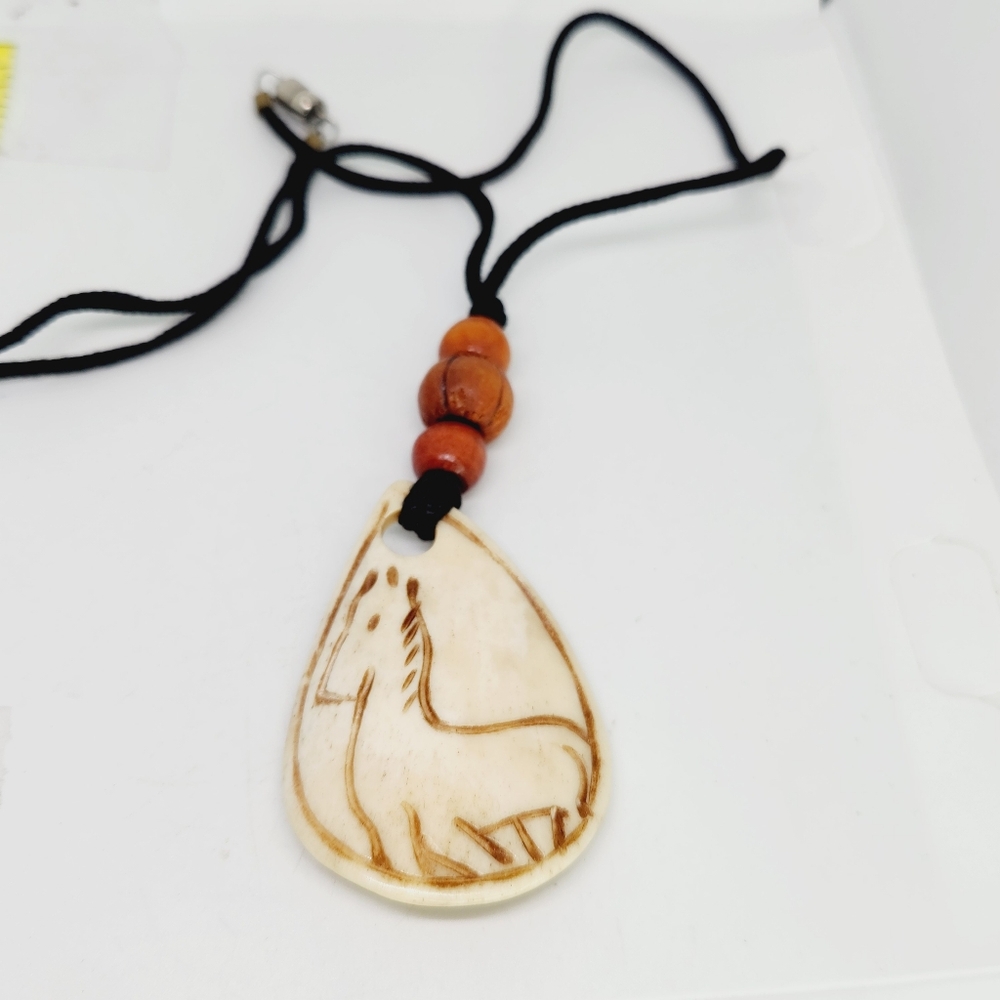 Hand Carved Bovine Bone Large Teardrop Pendant of Horse Native American Necklace